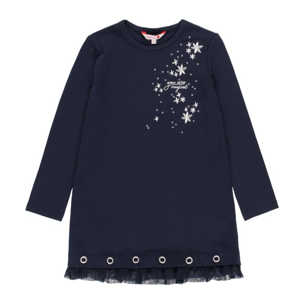 Navy Blue Kids Long Sleeve Dress with Silver Embroidery